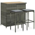 vidaXL 3 Piece Bar Set Poly Rattan Grey