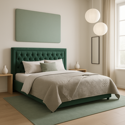 Minimalist bedroom in gray and green tones