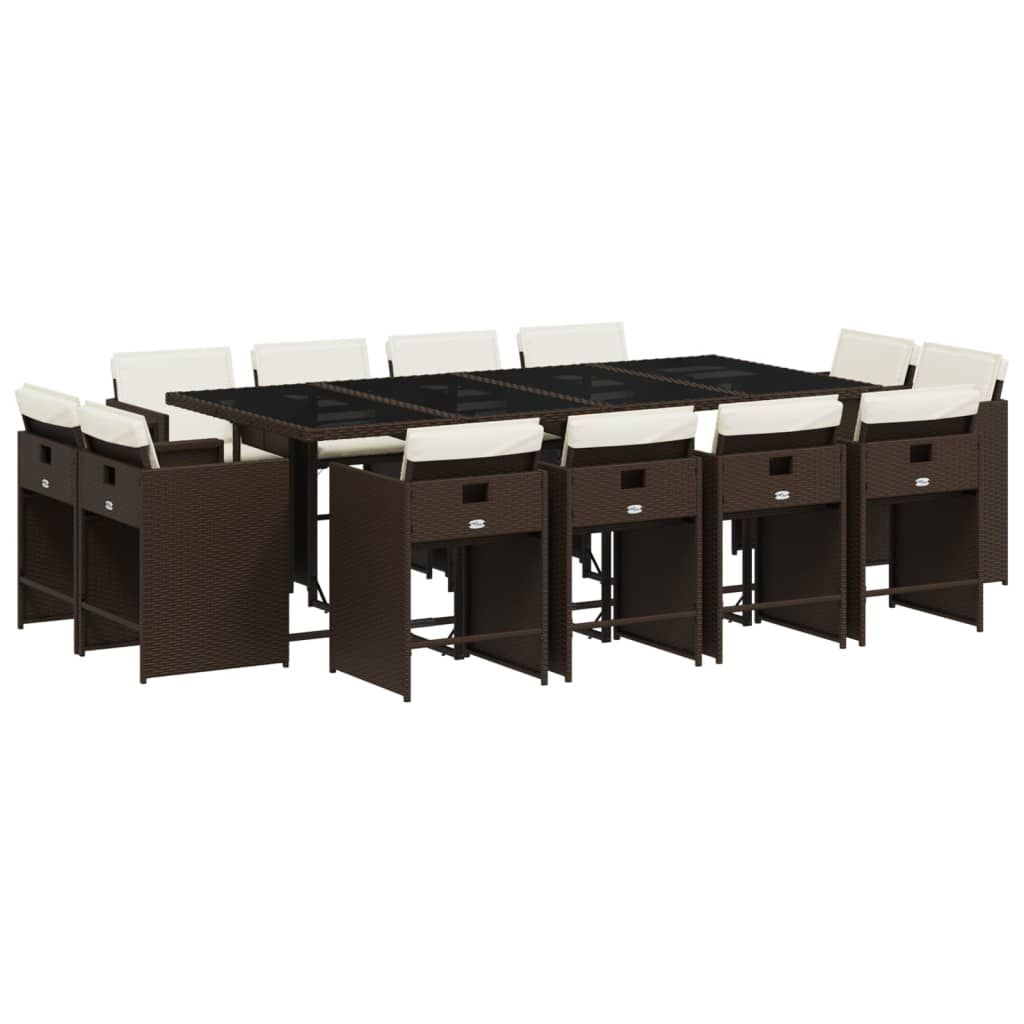 vidaXL 13 Piece Patio Dining Set with Cushions Brown Poly Rattan
