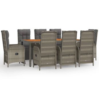 vidaXL 9 Piece Garden Dining Set with Cushions Grey Poly Rattan