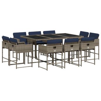 vidaXL 11 Piece Garden Dining Set with Cushions Grey Poly Rattan