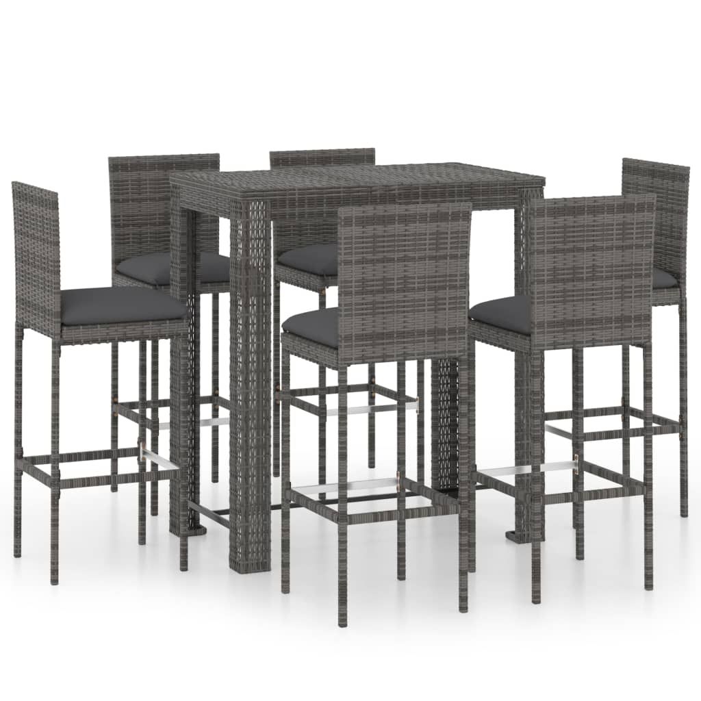 vidaXL 7 Piece Patio Bar Set with Cushions Poly Rattan Gray