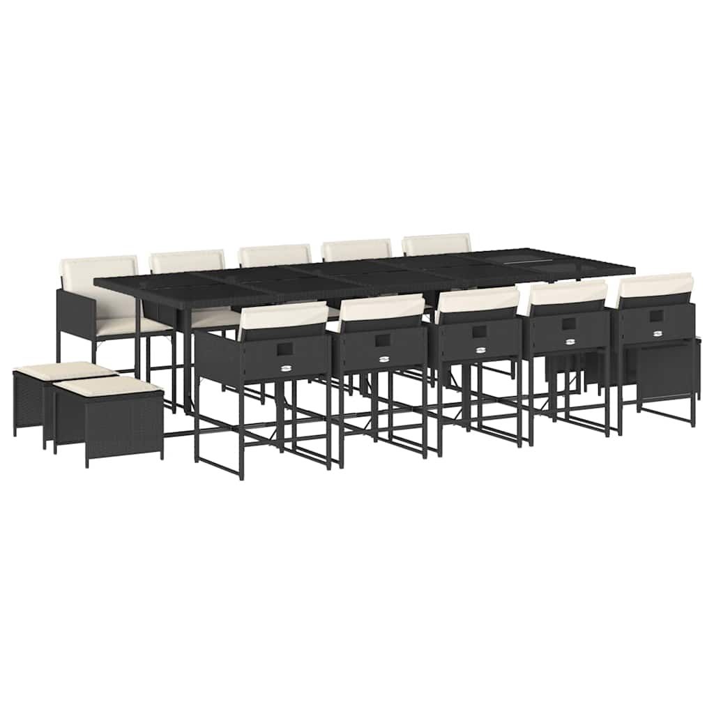 vidaXL 15 Piece Patio Dining Set with Cushions Black Poly Rattan