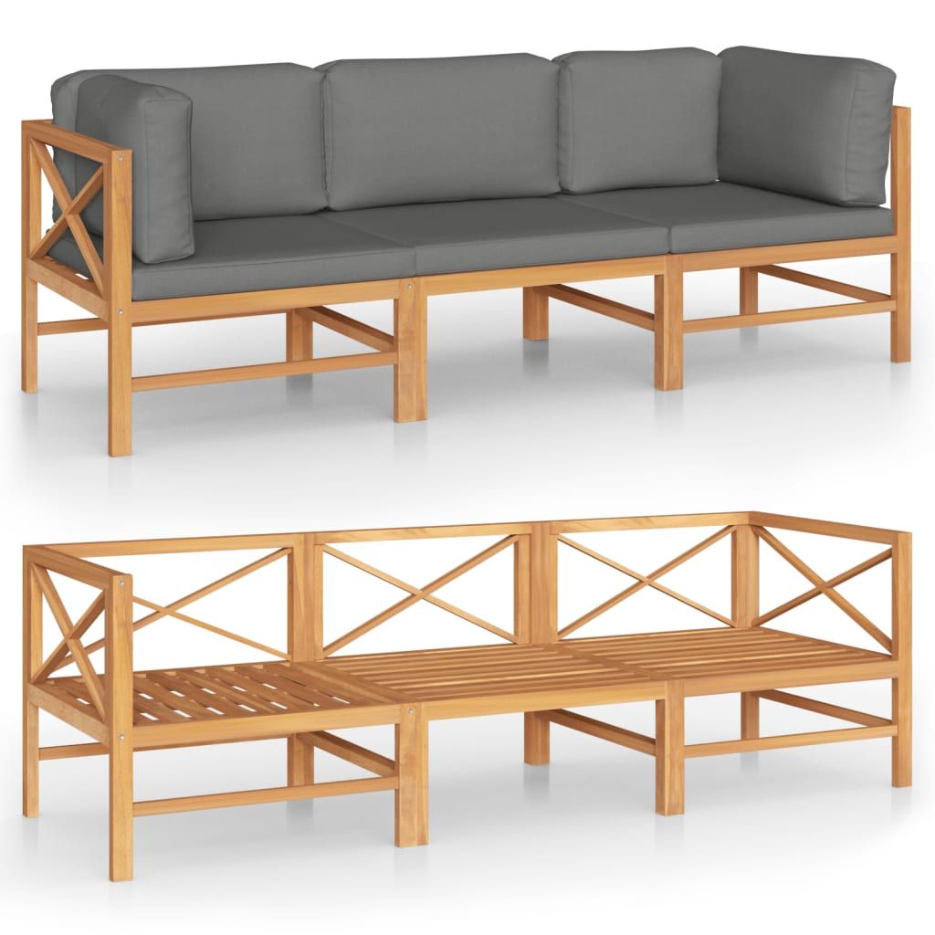 vidaXL 3-Seater Patio Sofa with Gray Cushions Solid Teak Wood