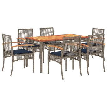 vidaXL 7 Piece Patio Dining Set with Cushions Gray Poly Rattan