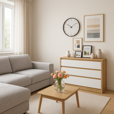 Modern living room in white and gray tones