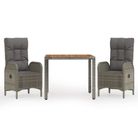 vidaXL 3 Piece Garden Dining Set with Cushions Grey Poly Rattan