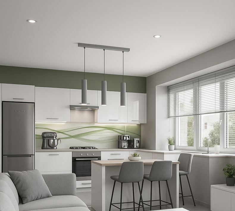 Minimalist kitchen in white and gray tones