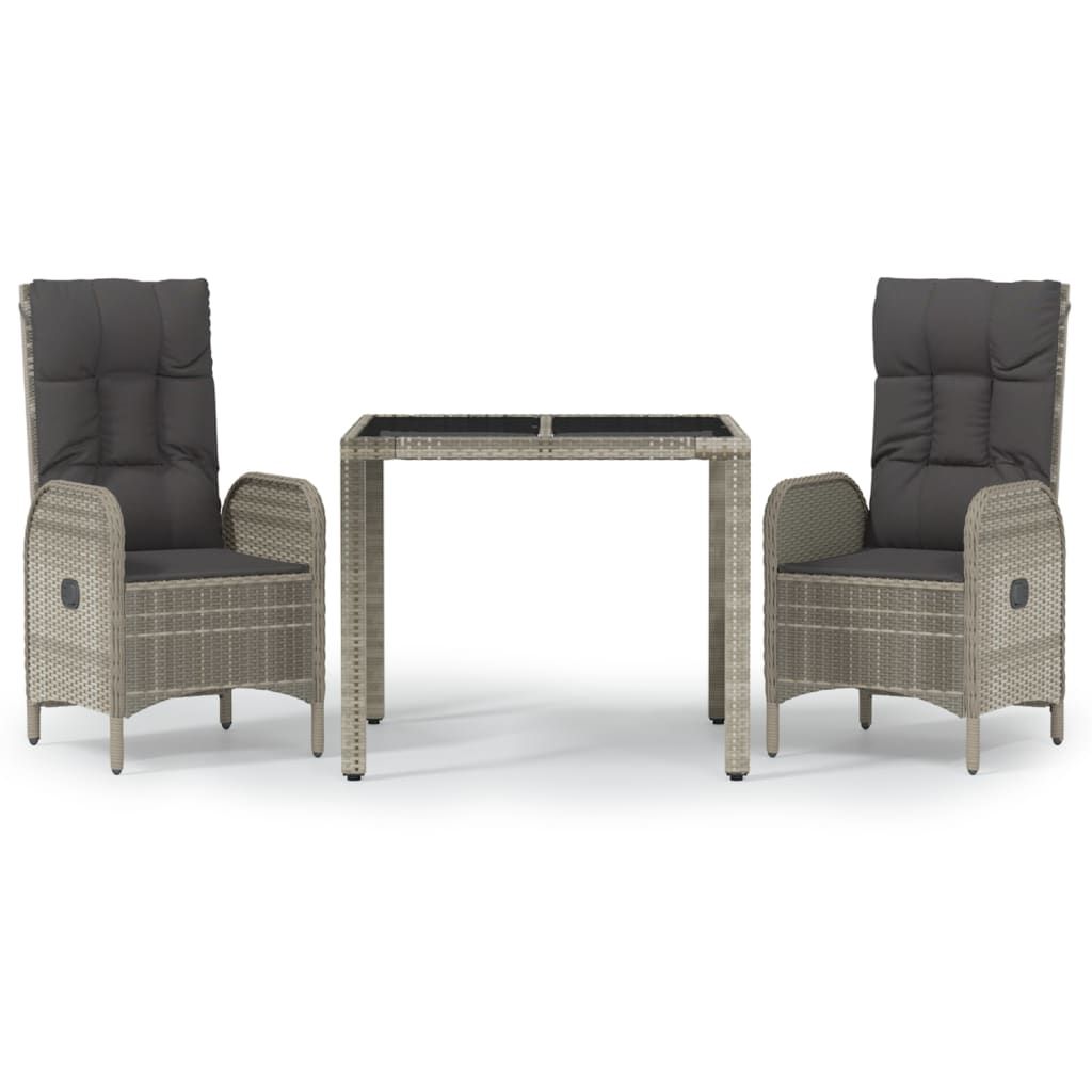 vidaXL 3 Piece Garden Dining Set with Cushions Grey Poly Rattan