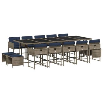vidaXL 15 Piece Garden Dining Set with Cushions Grey Poly Rattan
