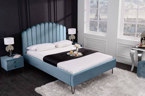 Estila Art deco double bed Aqumarine light blue velvet with black legs 140x200