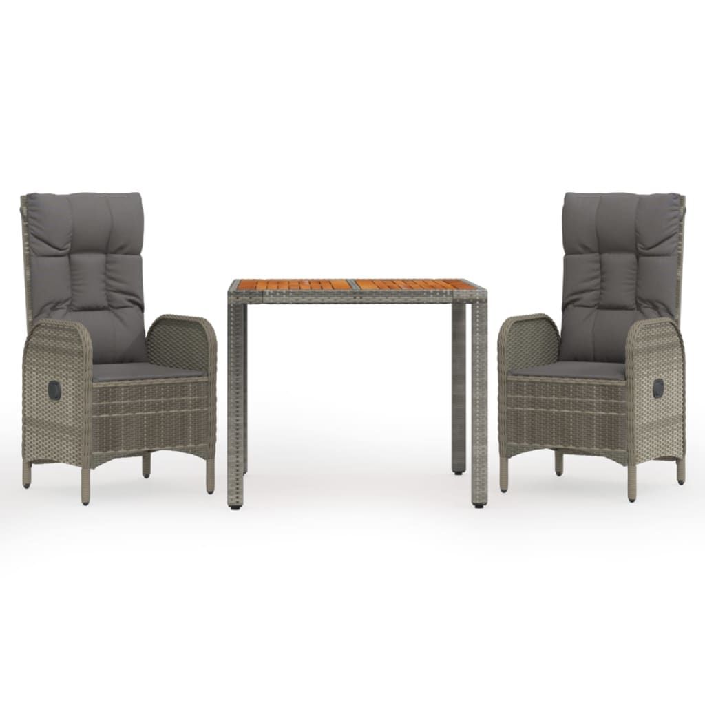 vidaXL 3 Piece Garden Dining Set with Cushions Grey Poly Rattan
