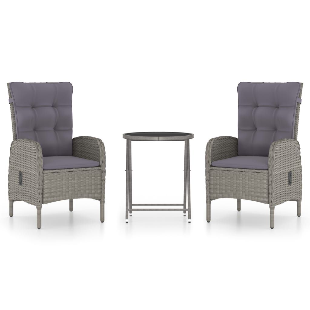 vidaXL 3 Piece Garden Bistro Set Poly Rattan and Glass Grey