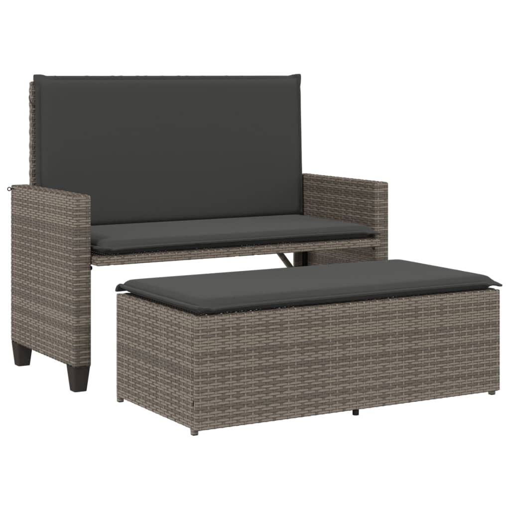 vidaXL Patio Bench with Cushions and Footstool Gray Poly Rattan