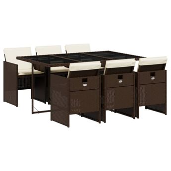 vidaXL 7 Piece Patio Dining Set with Cushions Brown Poly Rattan