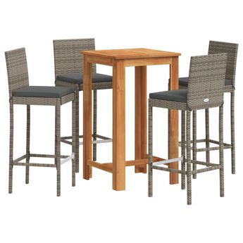 vidaXL 5 Piece Patio Bar Set Gray Solid Wood Acacia and Poly Rattan