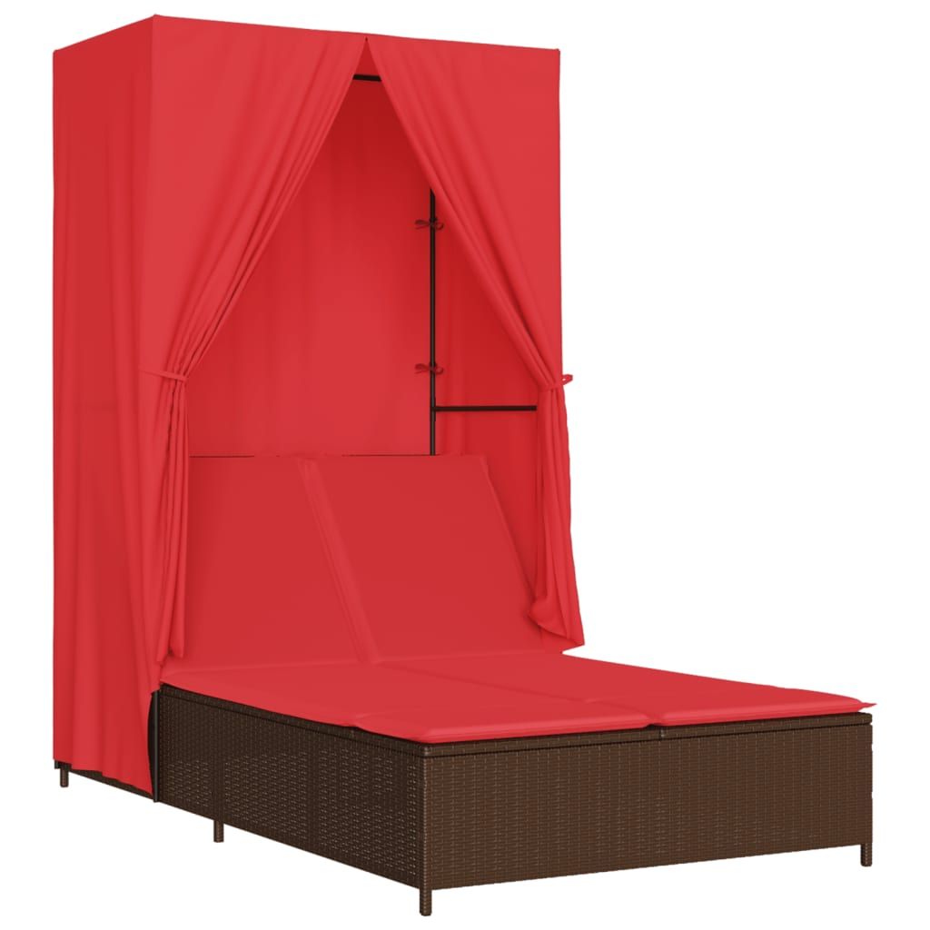 vidaXL Double Sun Lounger with Roof and Curtains Brown Poly Rattan