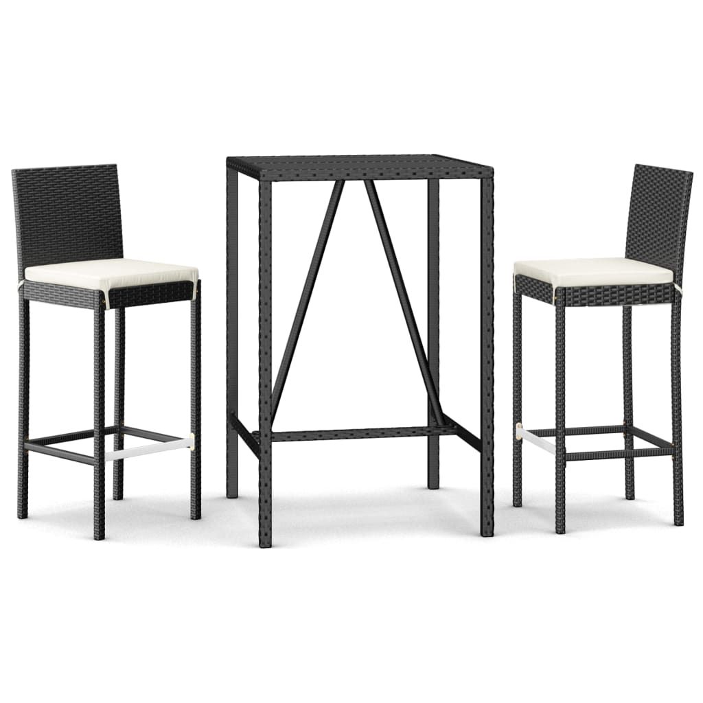vidaXL 3 Piece Patio Bar Set with Cushions Black Poly Rattan