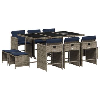 vidaXL 11 Piece Garden Dining Set with Cushions Grey Poly Rattan