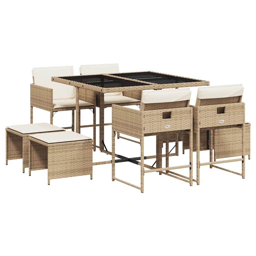 vidaXL 9 Piece Patio Dining Set with Cushions Beige Poly Rattan