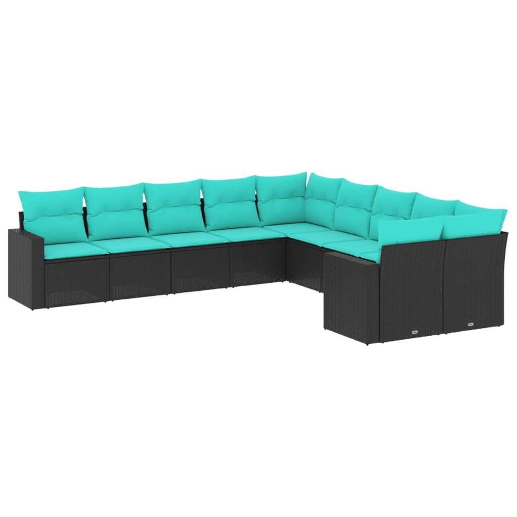 vidaXL 10 Piece Garden Sofa Set with Cushions Black Poly Rattan