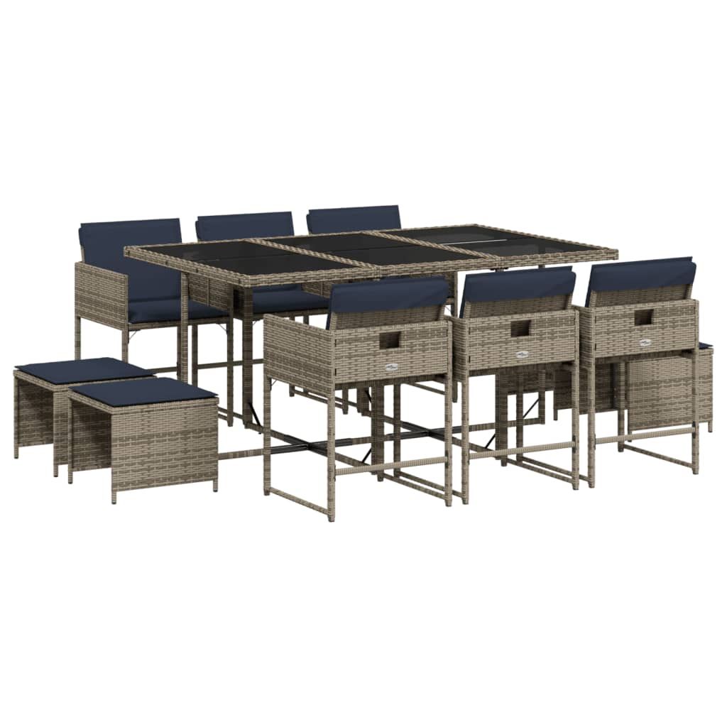 vidaXL 11 Piece Garden Dining Set with Cushions Grey Poly Rattan