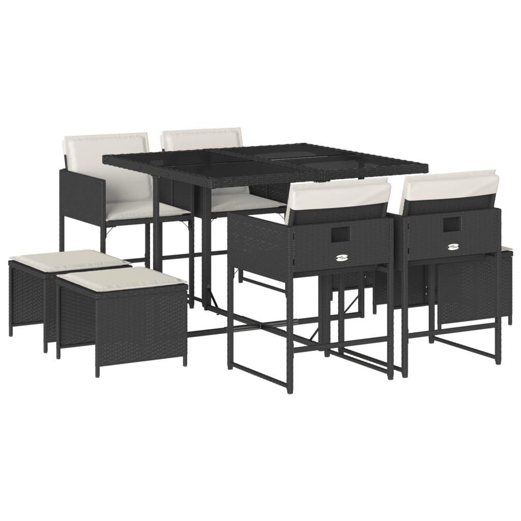 vidaXL 9 Piece Patio Dining Set with Cushions Black Poly Rattan