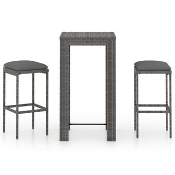 vidaXL 3 Piece Patio Bar Set with Cushions Poly Rattan Gray