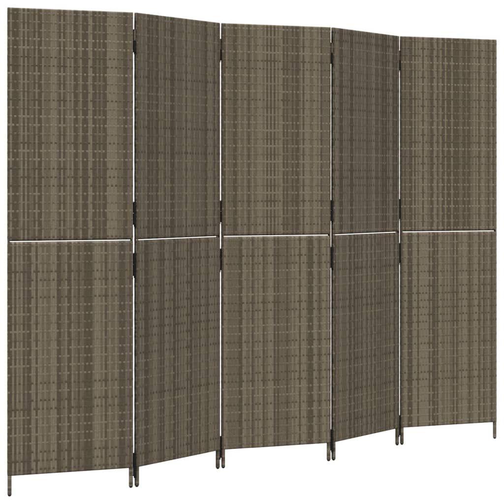 vidaXL Room Divider 5 Panels Gray Poly Rattan
