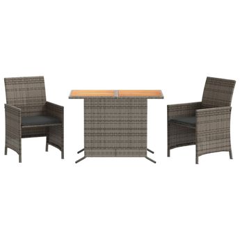 vidaXL 3 Piece Bistro Set with Cushions Grey Poly Rattan