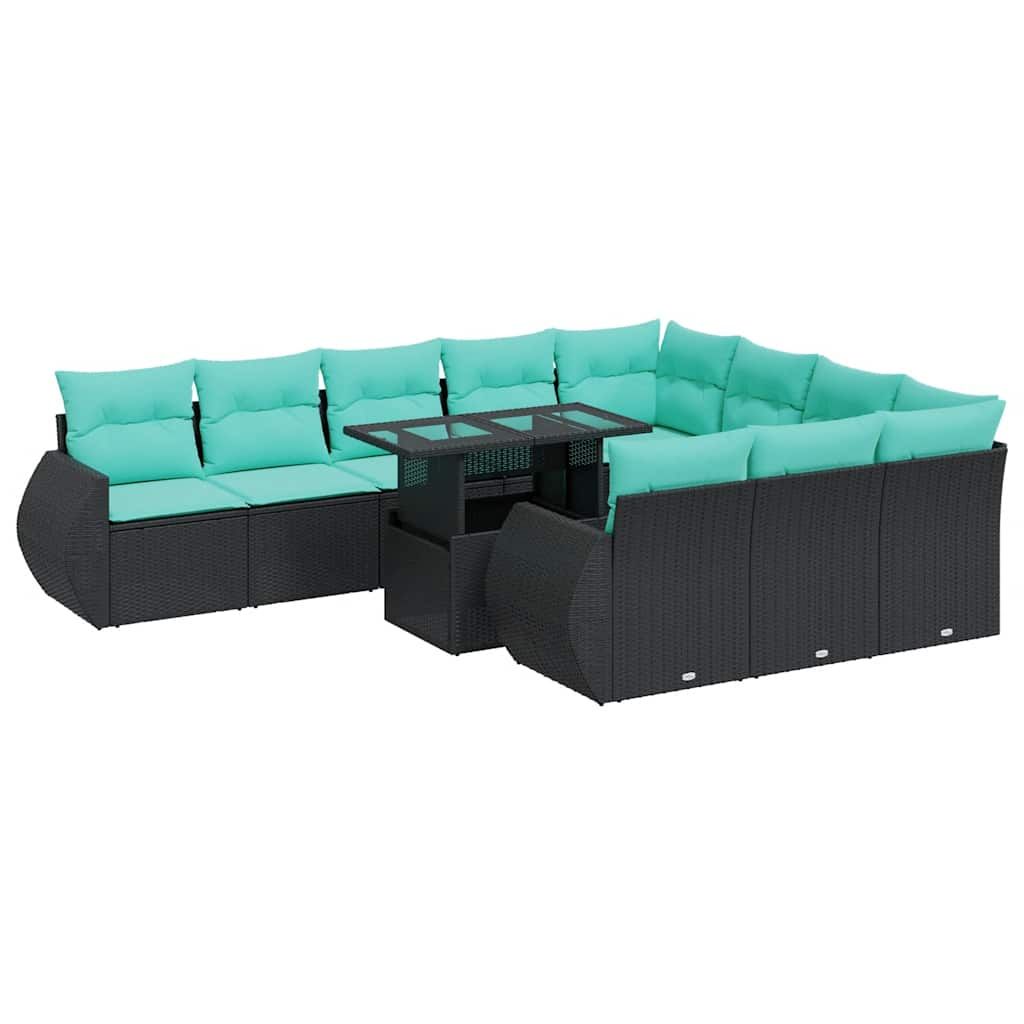 vidaXL 11 Piece Garden Sofa Set with Cushions Black Poly Rattan Acacia