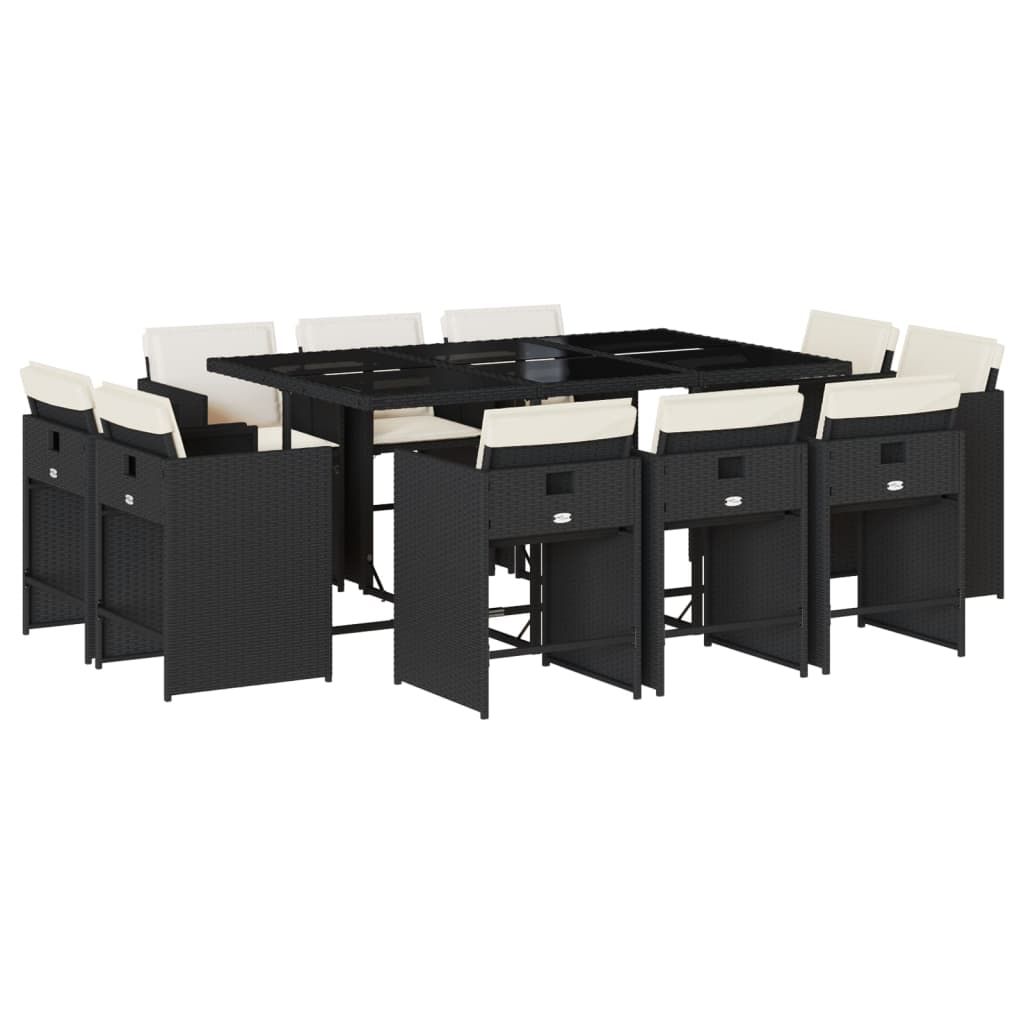 vidaXL 11 Piece Patio Dining Set with Cushions Black Poly Rattan