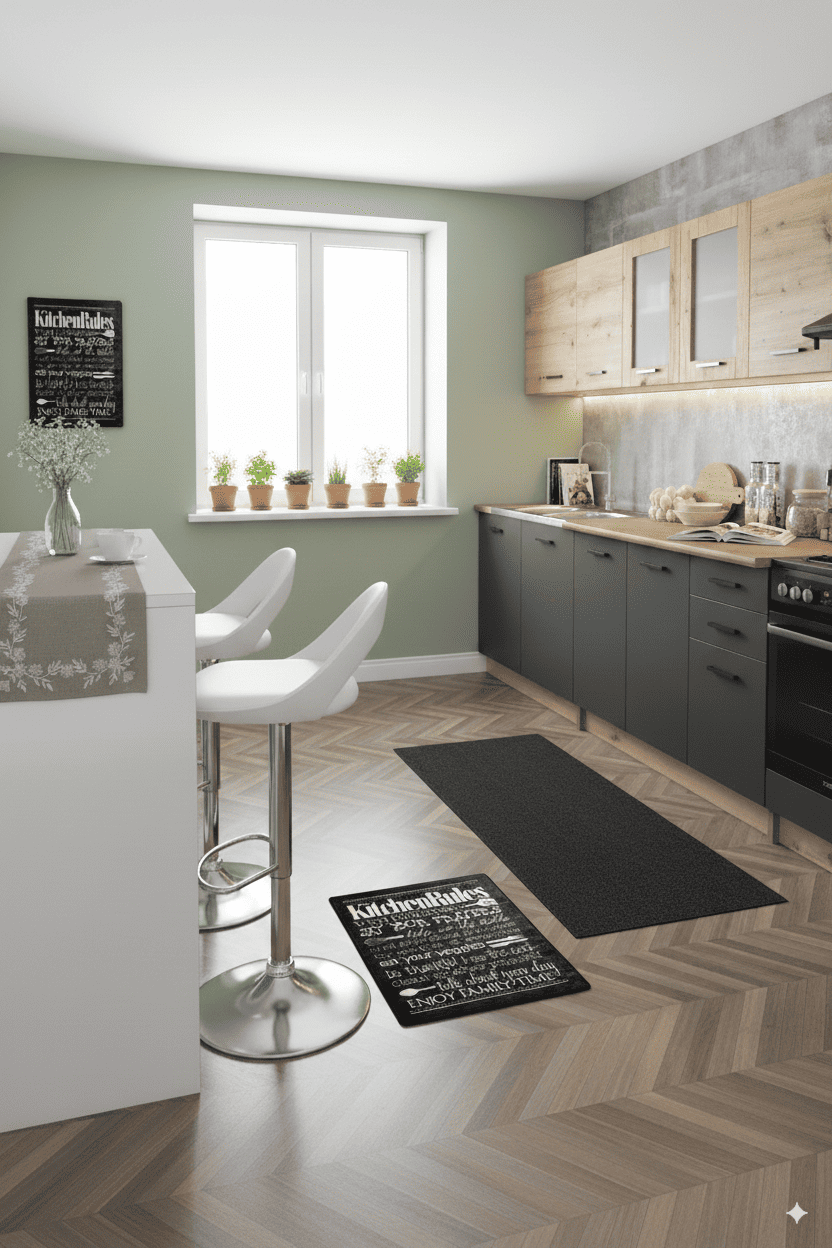 Green kitchen with a design touch