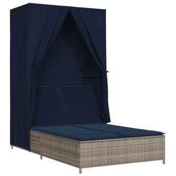 vidaXL Double Sun Lounger with Roof and Curtains Gray Poly Rattan