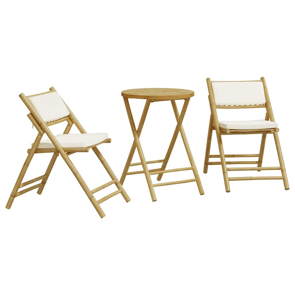 vidaXL 3 Piece Folding Bistro Set with Cream White Cushions Bamboo