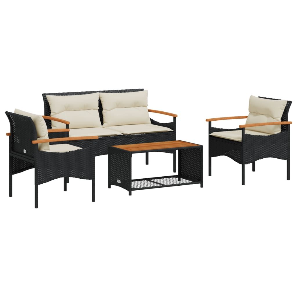 vidaXL 4 Piece Garden Sofa Set with Cushions Black Poly Rattan