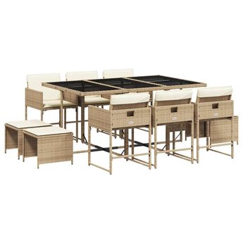 vidaXL 11 Piece Patio Dining Set with Cushions Beige Poly Rattan