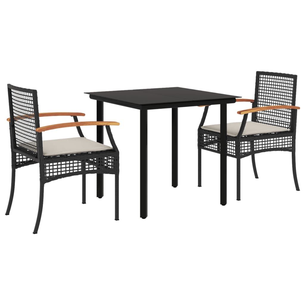 vidaXL 3 Piece Patio Dining Set with Cushions Black Poly Rattan