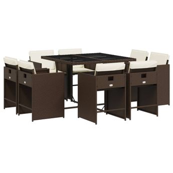 vidaXL 9 Piece Patio Dining Set with Cushions Brown Poly Rattan