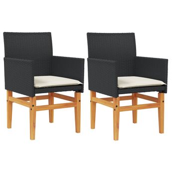 vidaXL Patio Chairs with Cushions 2 pcs Black Poly Rattan&Solid Wood