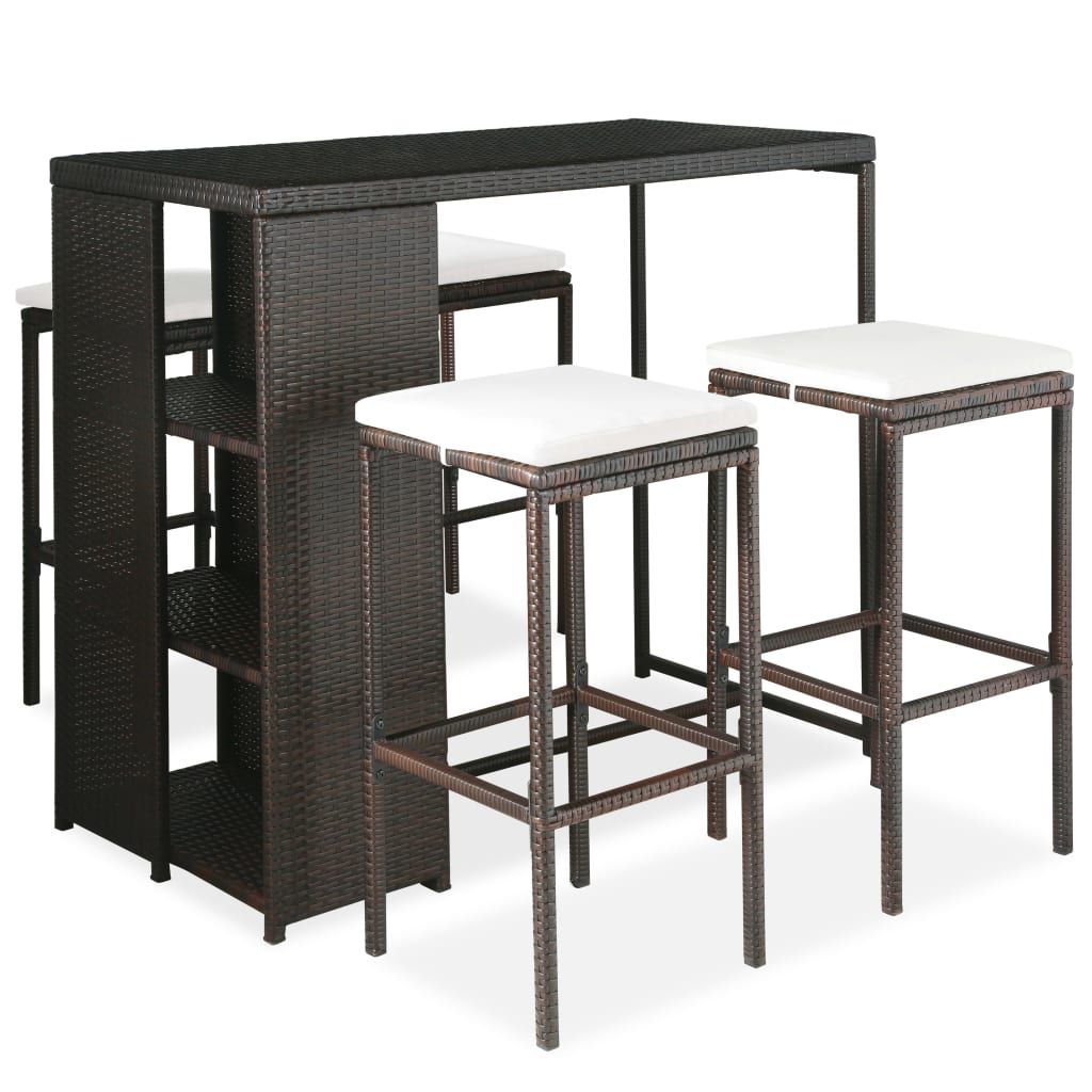 vidaXL 5 Piece Patio Bar Set with Cushions Poly Rattan Brown
