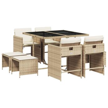 vidaXL 9 Piece Patio Dining Set with Cushions Beige Poly Rattan
