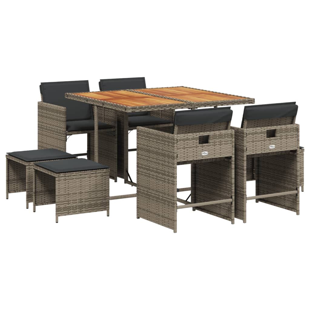 vidaXL 9 Piece Patio Dining Set with Cushions Gray Poly Rattan