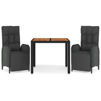 vidaXL 3 Piece Garden Dining Set with Cushions Black Poly Rattan