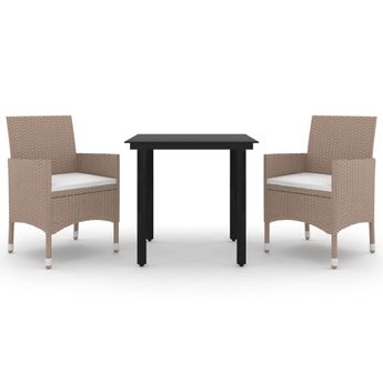 vidaXL 3 Piece Garden Dining Set with Cushions Poly Rattan and Glass
