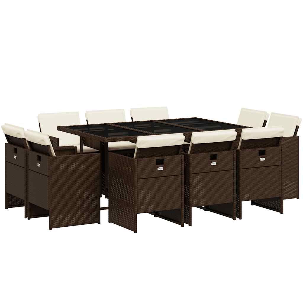 vidaXL 11 Piece Patio Dining Set with Cushions Brown Poly Rattan