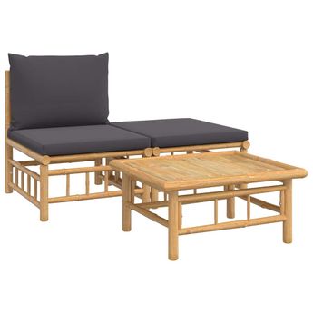 vidaXL 3 Piece Garden Lounge Set with Dark Grey Cushions Bamboo