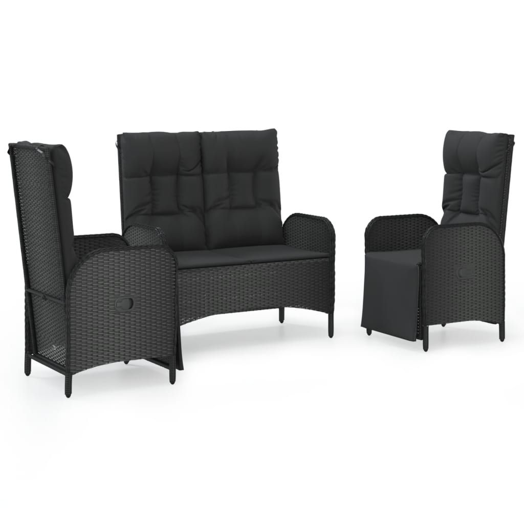 vidaXL 3 Piece Garden Dining Set with Cushions Black Poly Rattan