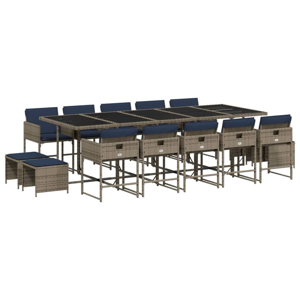 vidaXL 15 Piece Garden Dining Set with Cushions Grey Poly Rattan