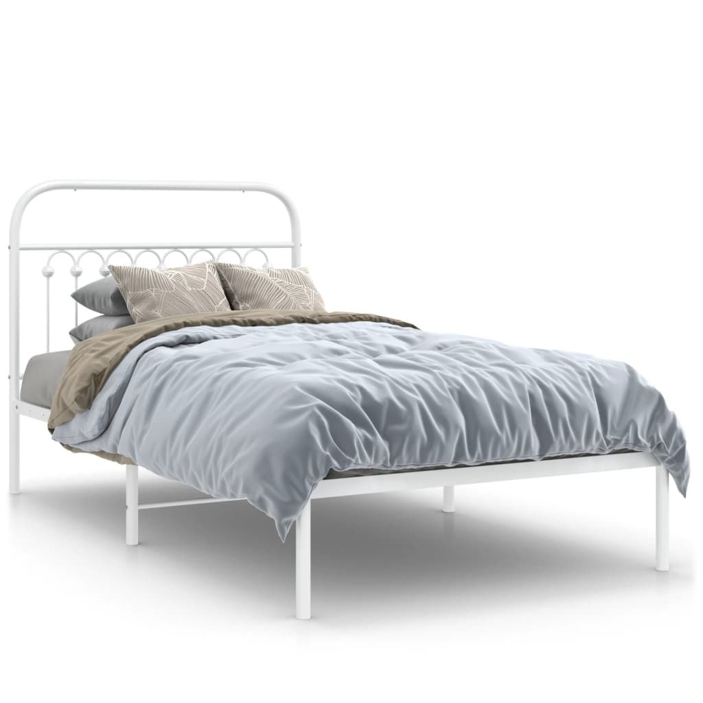 vidaXL Metal Bed Frame without Mattress with Headboard White 39.4"x78.7"